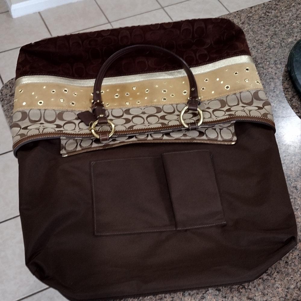 COACH Signature Patchwork East west Bucket  Tote Khaki & Brown - Picture 7 of 14